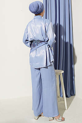 Fular Detaylı Saten İkili Takım Mavi - İkili Takım