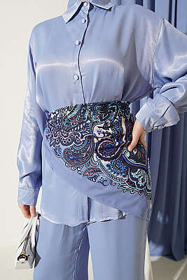 Fular Detaylı Saten İkili Takım Mavi - İkili Takım