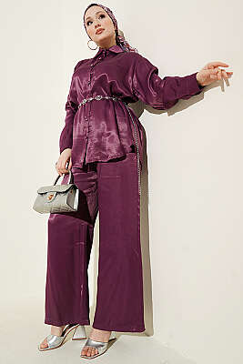 Fular Detaylı Saten İkili Takım Mürdüm - HATUN