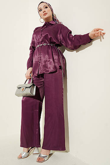 Fular Detaylı Saten İkili Takım Mürdüm - İkili Takım