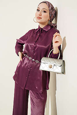 Fular Detaylı Saten İkili Takım Mürdüm - İkili Takım