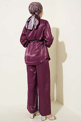 Fular Detaylı Saten İkili Takım Mürdüm - İkili Takım