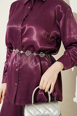 Fular Detaylı Saten İkili Takım Mürdüm - İkili Takım