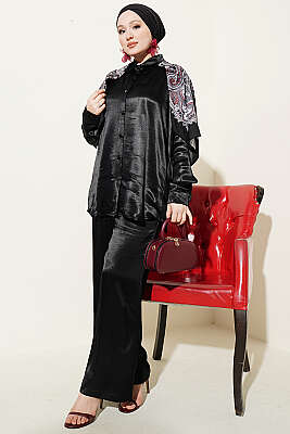 Fular Detaylı Saten İkili Takım Siyah - İkili Takım