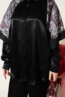 Fular Detaylı Saten İkili Takım Siyah - İkili Takım