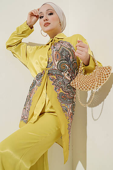 Fular Detaylı Saten İkili Takım Yağ Yeşili - İkili Takım