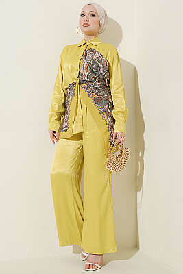 Fular Detaylı Saten İkili Takım Yağ Yeşili - İkili Takım