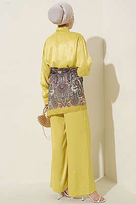 Fular Detaylı Saten İkili Takım Yağ Yeşili - İkili Takım