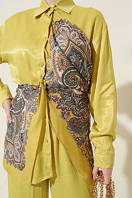 Fular Detaylı Saten İkili Takım Yağ Yeşili - İkili Takım