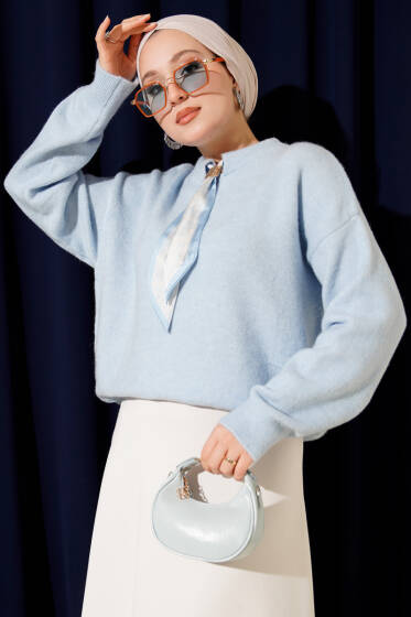 Fular Detaylı Triko Kazak Bebe Mavi - Triko Kazak