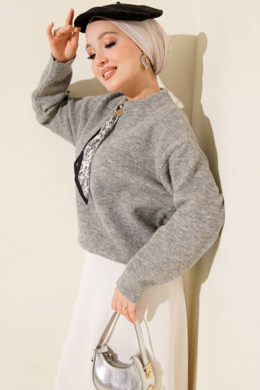 Fular Detaylı Triko Kazak Gri - Triko Kazak