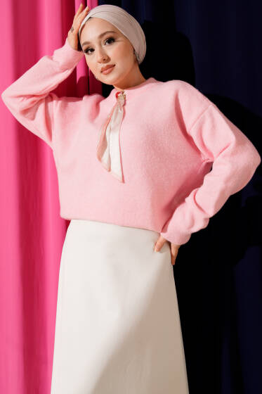 Fular Detaylı Triko Kazak Pembe - Triko Kazak