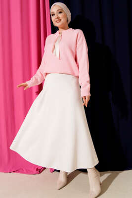 Fular Detaylı Triko Kazak Pembe - Triko Kazak