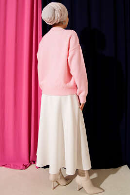 Fular Detaylı Triko Kazak Pembe - Triko Kazak