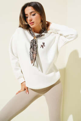 Fular Detaylı Üç İplik Sweat Ekru - HELLIE