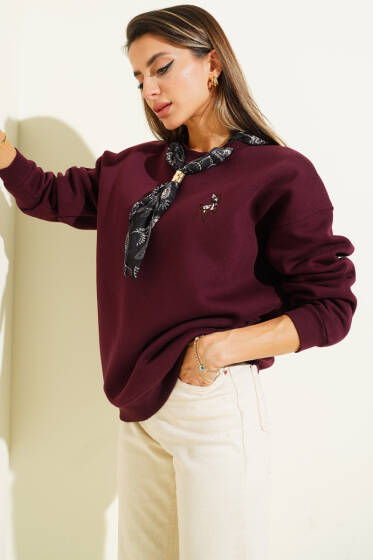 Fular Detaylı Üç İplik Sweat Mürdüm - Kadın Giyim Modelleri