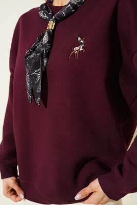 Fular Detaylı Üç İplik Sweat Mürdüm - Kadın Giyim Modelleri