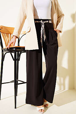 Fular Kuşaklı Geniş Paça Pantolon Acı Kahve - MUSTİ