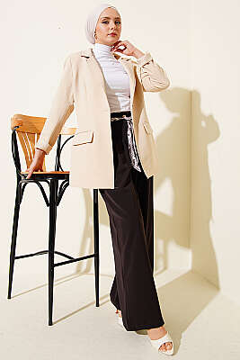 Fular Kuşaklı Geniş Paça Pantolon Acı Kahve - Pantolon