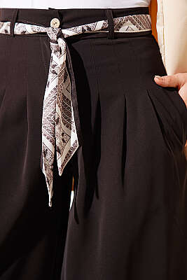 Fular Kuşaklı Geniş Paça Pantolon Acı Kahve - Pantolon