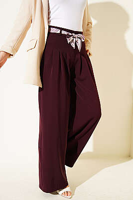 Fular Kuşaklı Geniş Paça Pantolon Bordo - MUSTİ