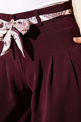 Fular Kuşaklı Geniş Paça Pantolon Bordo - Pantolon
