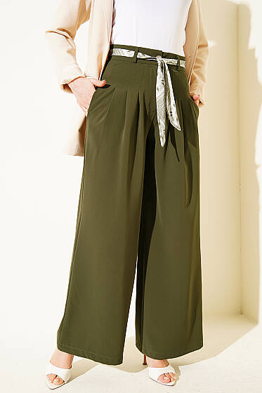 Fular Kuşaklı Geniş Paça Pantolon Haki - Pantolon