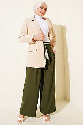 Fular Kuşaklı Geniş Paça Pantolon Haki - Pantolon