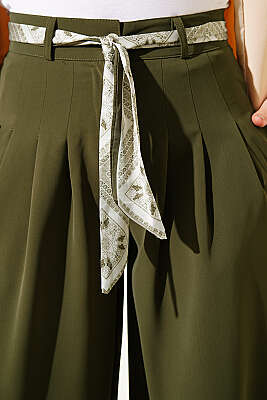 Fular Kuşaklı Geniş Paça Pantolon Haki - Pantolon