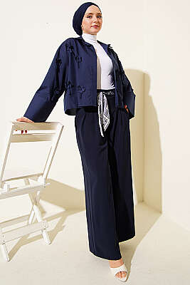 Fular Kuşaklı Geniş Paça Pantolon Lacivert - Pantolon