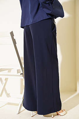 Fular Kuşaklı Geniş Paça Pantolon Lacivert - Pantolon