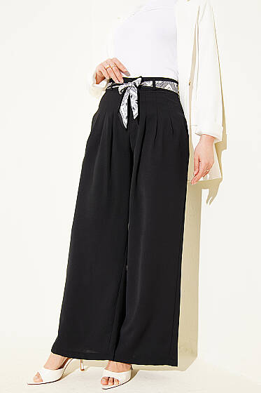 Fular Kuşaklı Geniş Paça Pantolon Siyah - Pantolon
