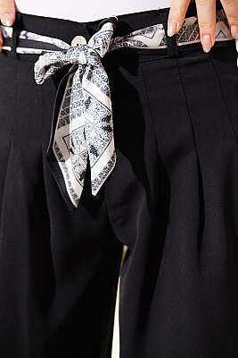 Fular Kuşaklı Geniş Paça Pantolon Siyah - Pantolon