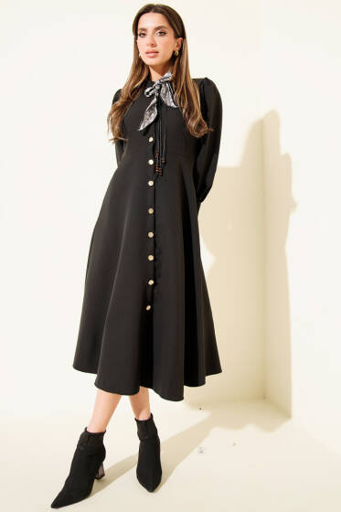 Fular Yakalı Boydan Düğmeli Midi Elbise Siyah - Kadın Giyim Modelleri