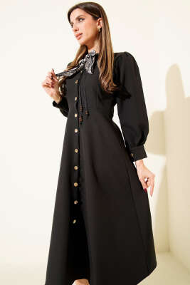 Fular Yakalı Boydan Düğmeli Midi Elbise Siyah - Kadın Giyim Modelleri