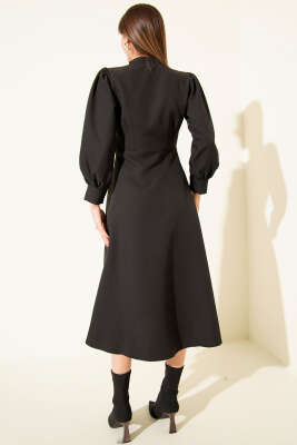 Fular Yakalı Boydan Düğmeli Midi Elbise Siyah - Kadın Giyim Modelleri