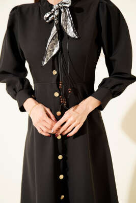 Fular Yakalı Boydan Düğmeli Midi Elbise Siyah - Kadın Giyim Modelleri