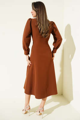 Fular Yakalı Boydan Düğmeli Midi Elbise Taba - Kadın Giyim Modelleri