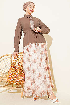 Fularlı Bel Tünelli Etekli İkili Takım Vizon - Kampanyalı Ürünler