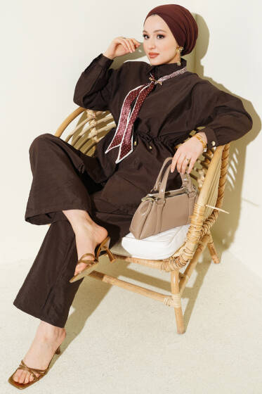 Fularlı Bel Tünelli Paraşüt İkili Takım Kahve - İkili Takım