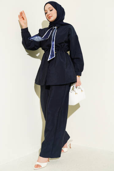 Fularlı Bel Tünelli Paraşüt İkili Takım Lacivert - İkili Takım