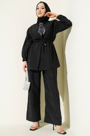 Fularlı Bel Tünelli Paraşüt İkili Takım Siyah - İkili Takım