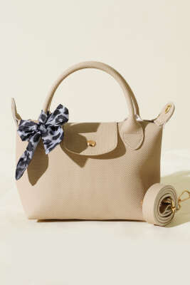 Fularlı Çıtçıt Detaylı Kadın El Çantası Bej - Kol Çantası