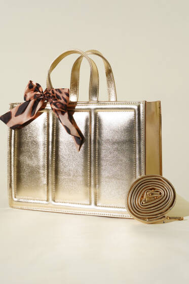 Fularlı Dikdörtgen Çanta Gold - Kol Çantası