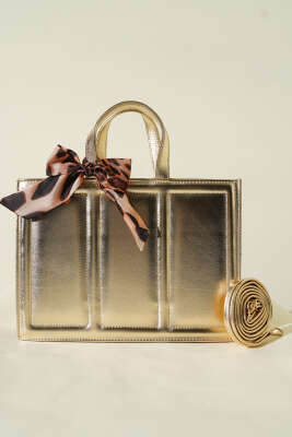 Fularlı Dikdörtgen Çanta Gold - Kol Çantası