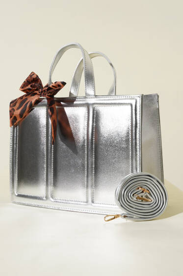 Fularlı Dikdörtgen Çanta Gümüş - Kol Çantası