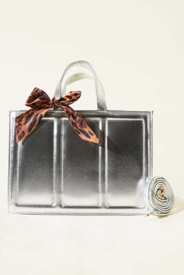 Fularlı Dikdörtgen Çanta Gümüş - Kol Çantası