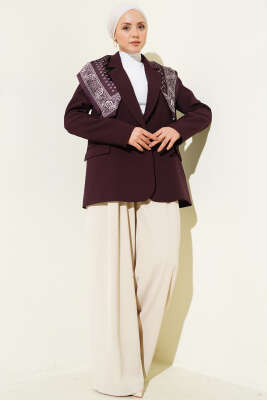 Fularlı Düğmeli Blazer Ceket Mürdüm - Ceket