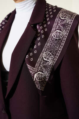 Fularlı Düğmeli Blazer Ceket Mürdüm - Ceket