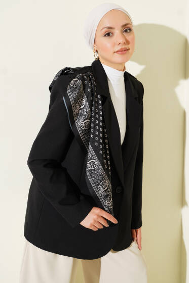 Fularlı Düğmeli Blazer Ceket Siyah - Ceket